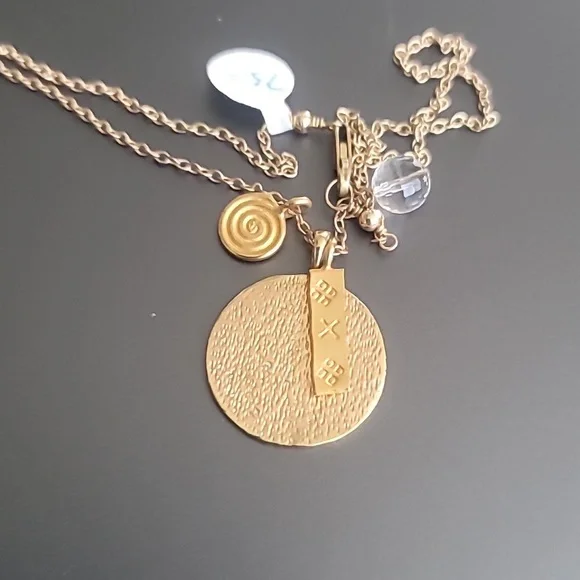 NWT Women's Necklace Gold Handmade Aztec Medallion Charms Quartz Boho Layering - Picture 6 of 8
